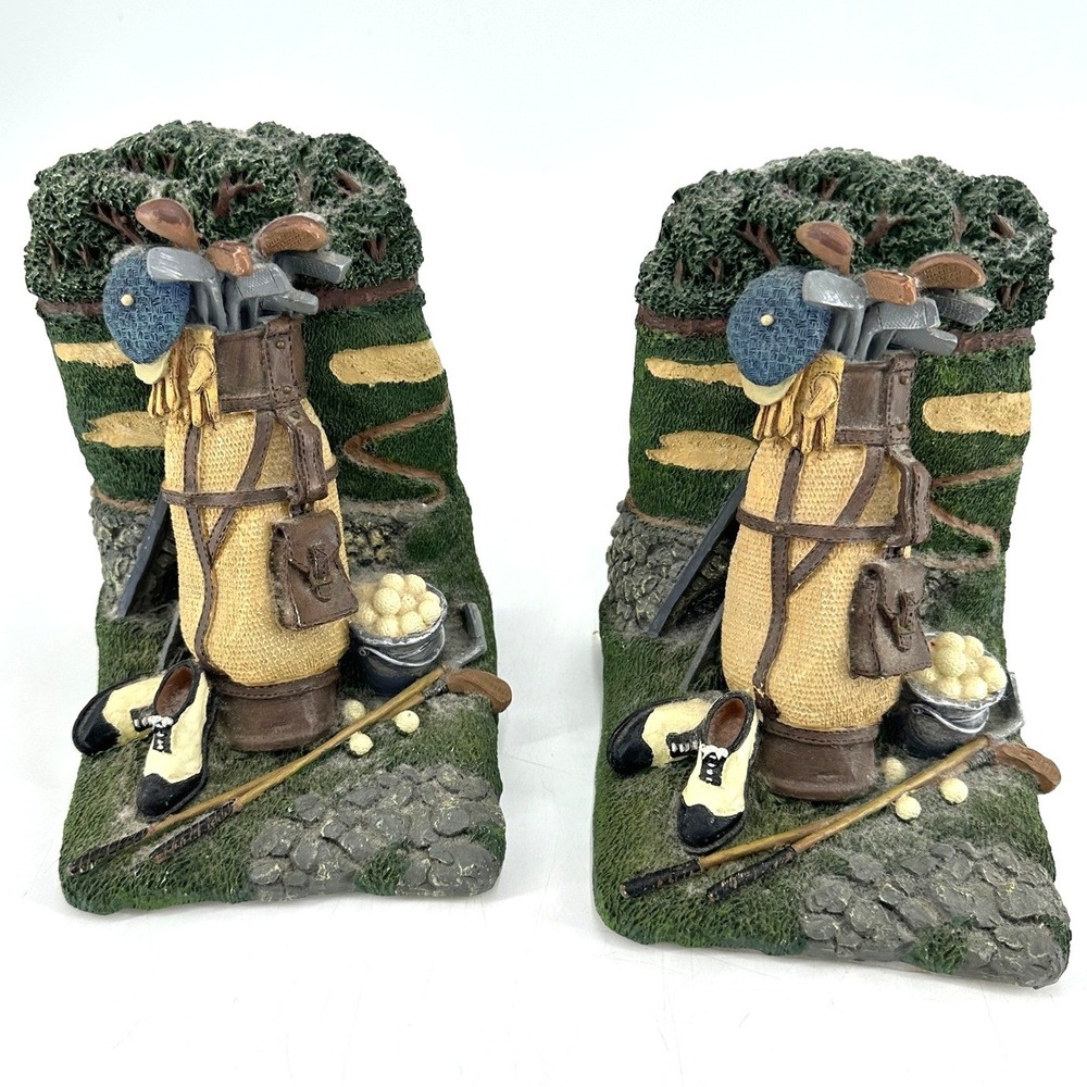 Vintage Golf Bag and Shoes Resin Bookends Set Green Brown Country Club Decor